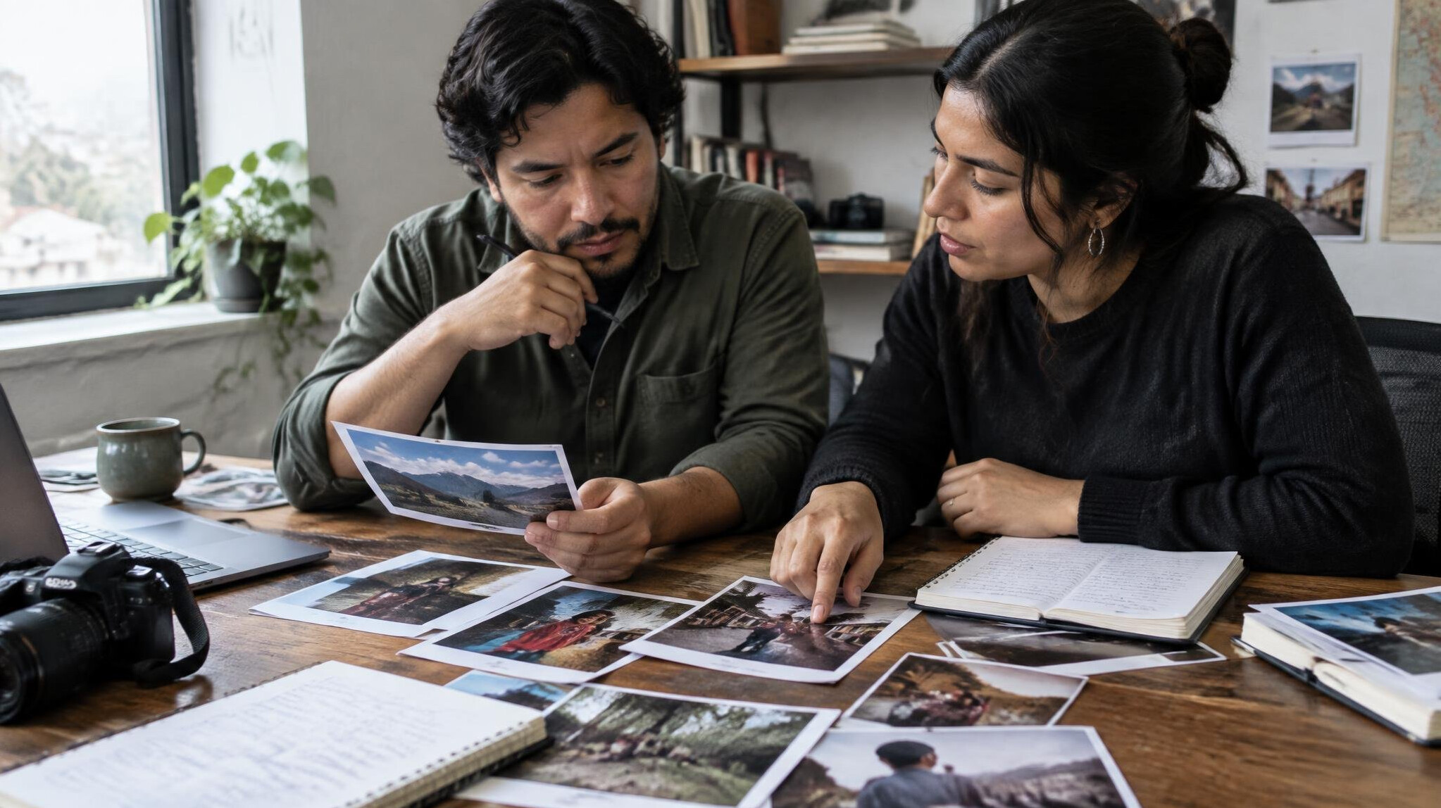 Editorial team reviewing photographs and notes at a desk