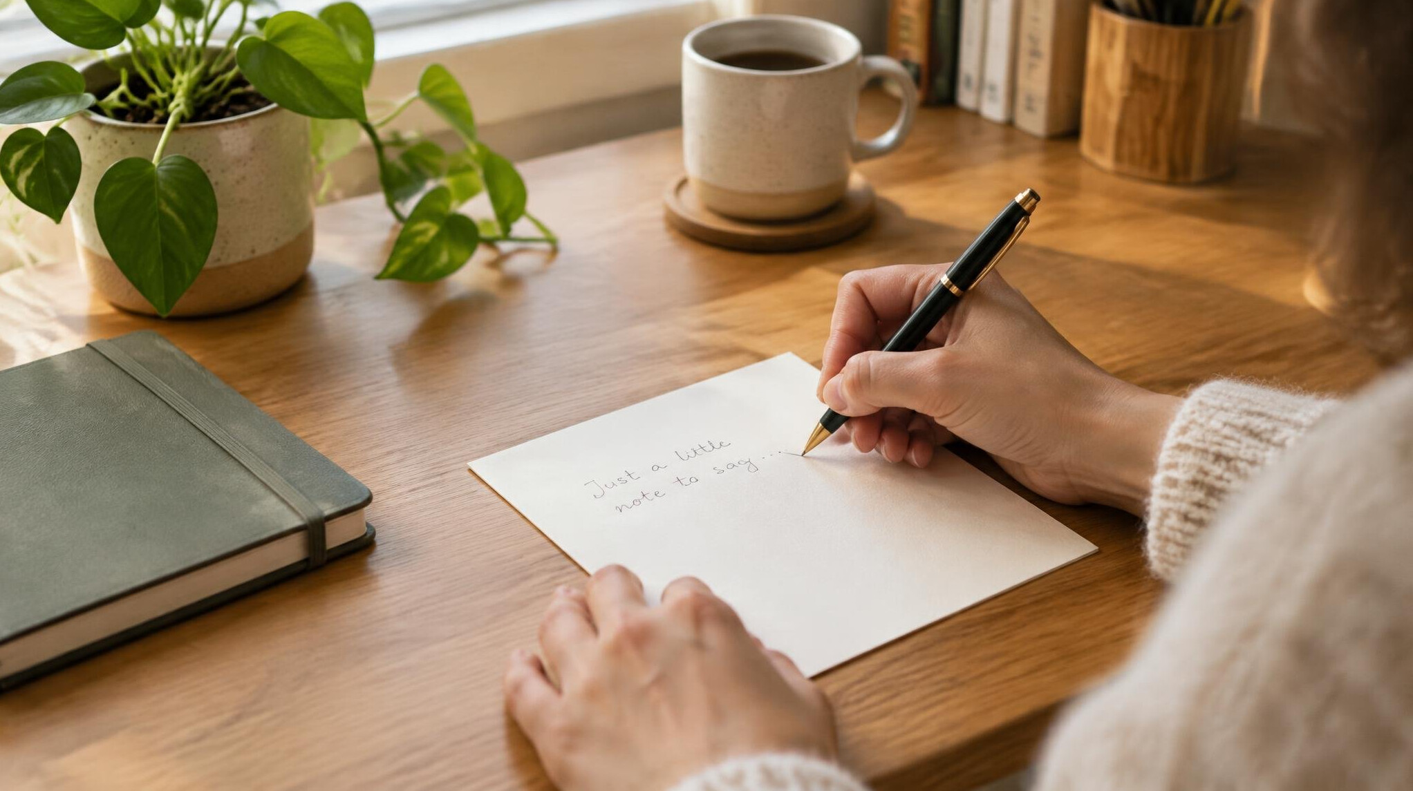 Person writing a letter at a tidy wooden desk